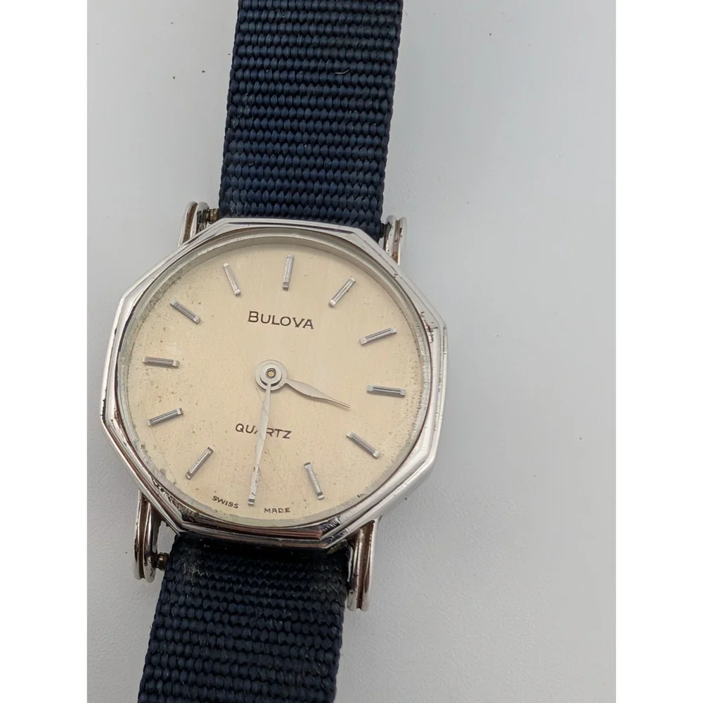 Rare Vintage Bulova Quartz Watch Women Silver 23mm Case Canvas Band- New Battery